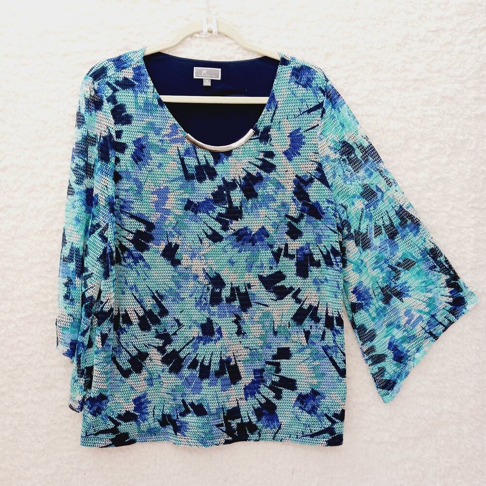 Blouse Abstract Geometric Blue Textured Artsy Boho Coastal Flowy Cruise Size XL